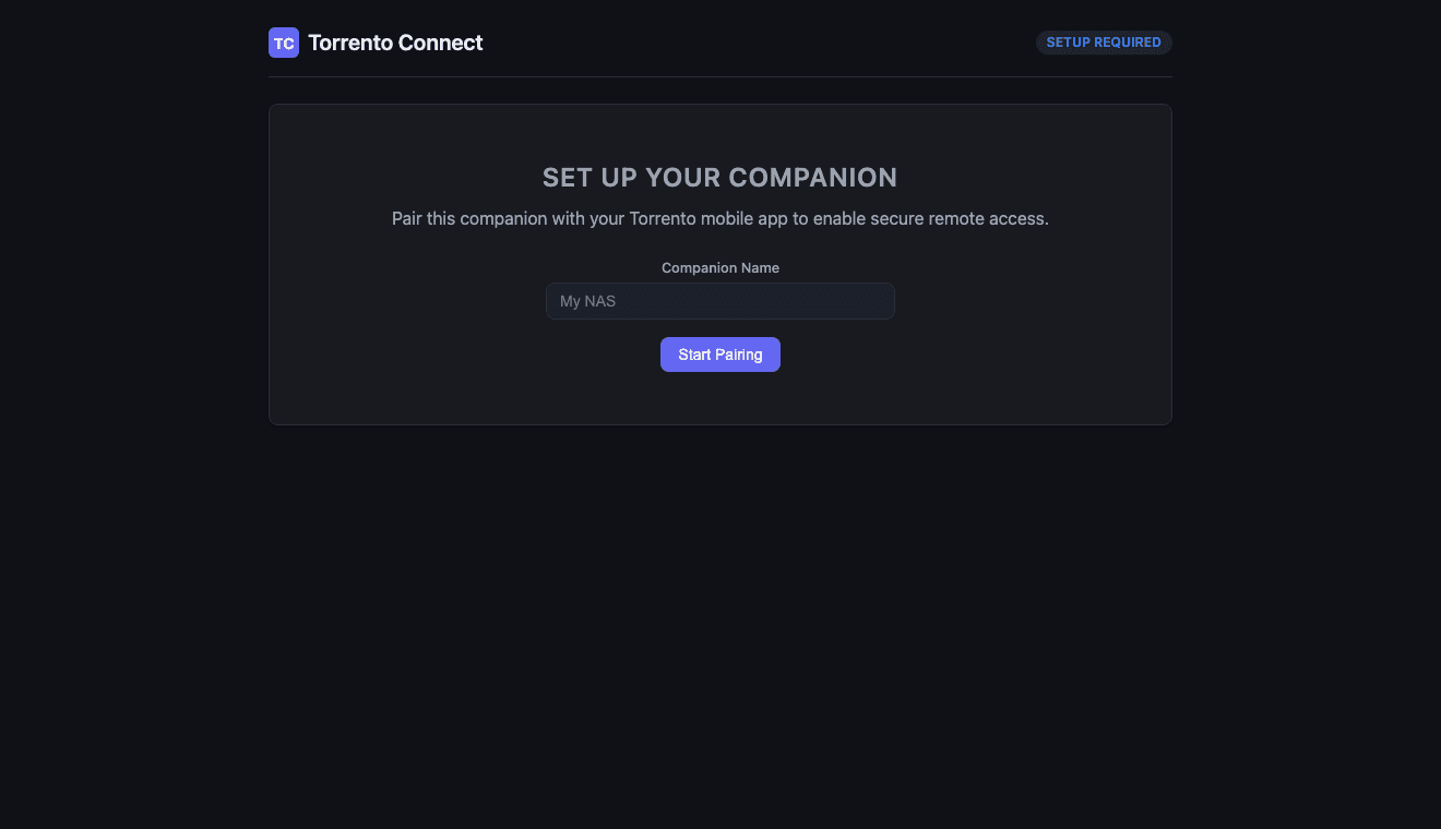 Torrento Connect Docker web UI showing the first-run setup screen with the Start Pairing action