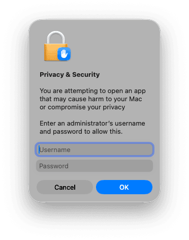 macOS administrator authentication prompt after approving Torrento Connect.app