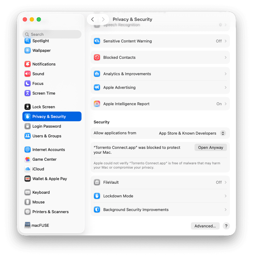 System Settings Privacy and Security showing Open Anyway for the blocked Torrento Connect app