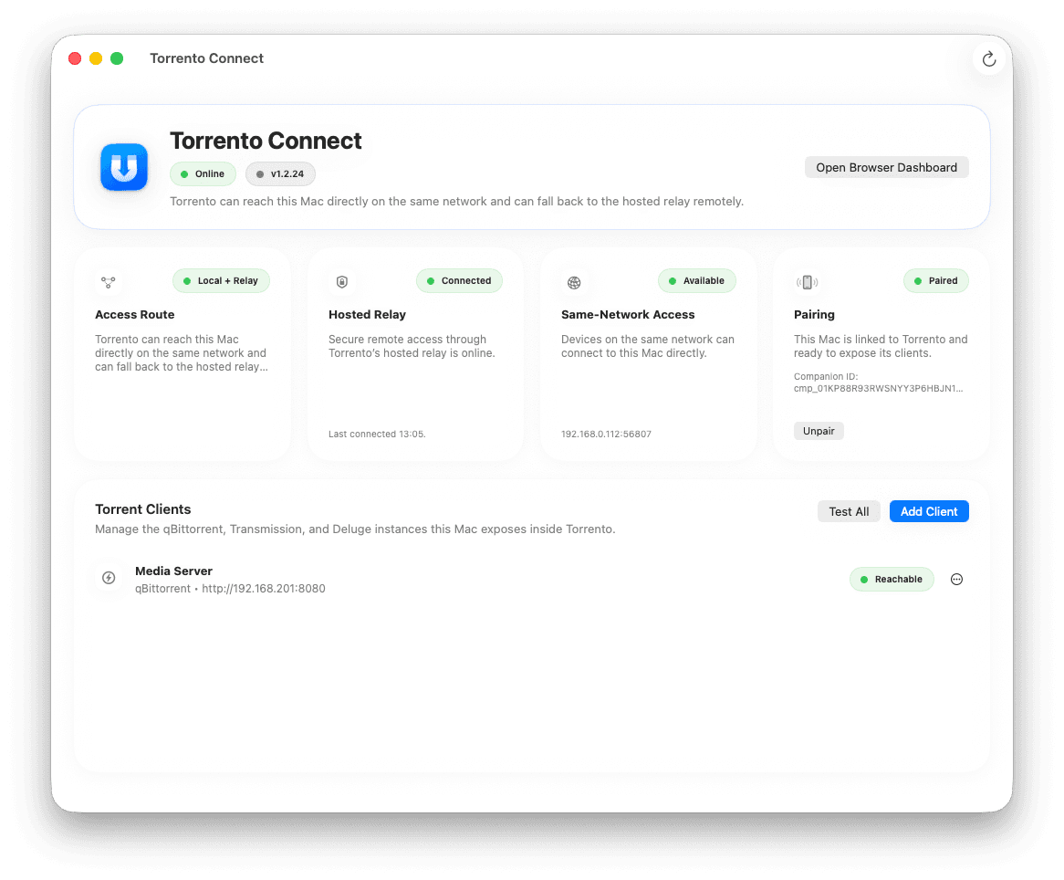 Torrento Connect macOS companion dashboard showing online status, pairing state, and torrent client management