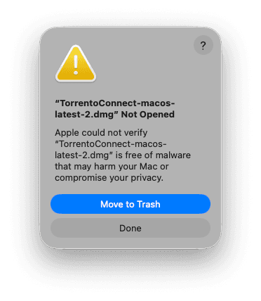 macOS blocks the Torrento Connect DMG with a "Not Opened" warning