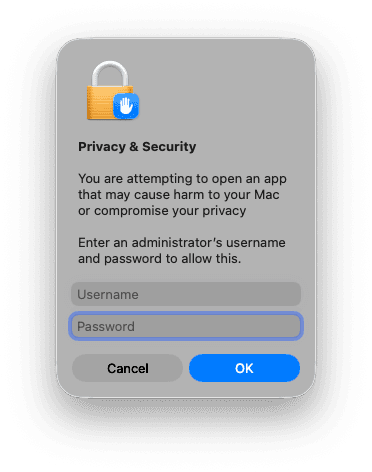 macOS administrator authentication prompt after approving the Torrento Connect DMG