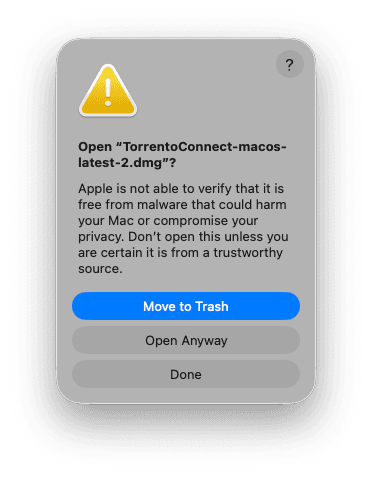 macOS confirmation dialog asking whether to open the blocked Torrento Connect DMG anyway